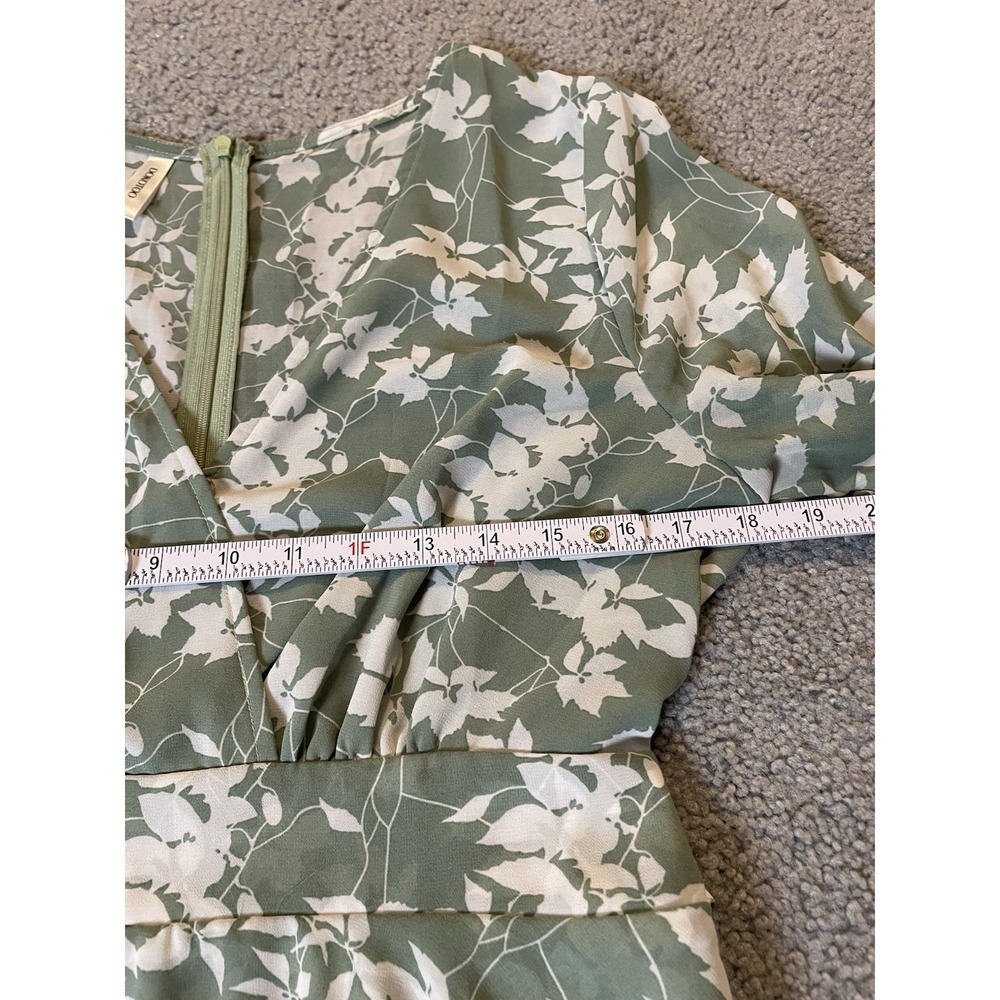 DOKOTOO Tired Floral Mini Dress Sz M Belted Sage White Long Sleeve Boho Chic - Picture 9 of 15